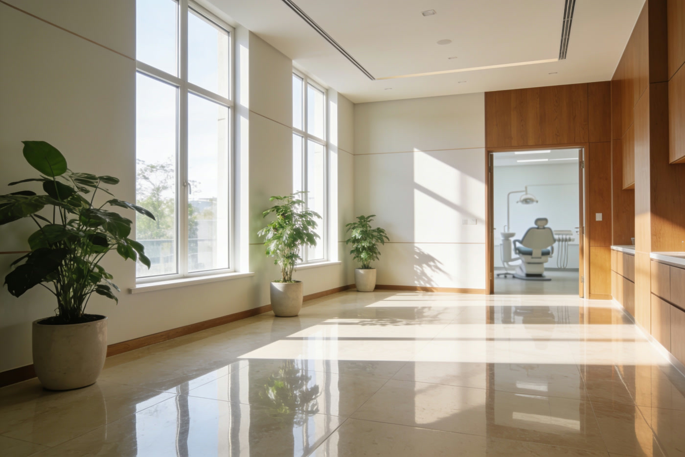 A bright, calm treatment suite, a frame made with AI video tools