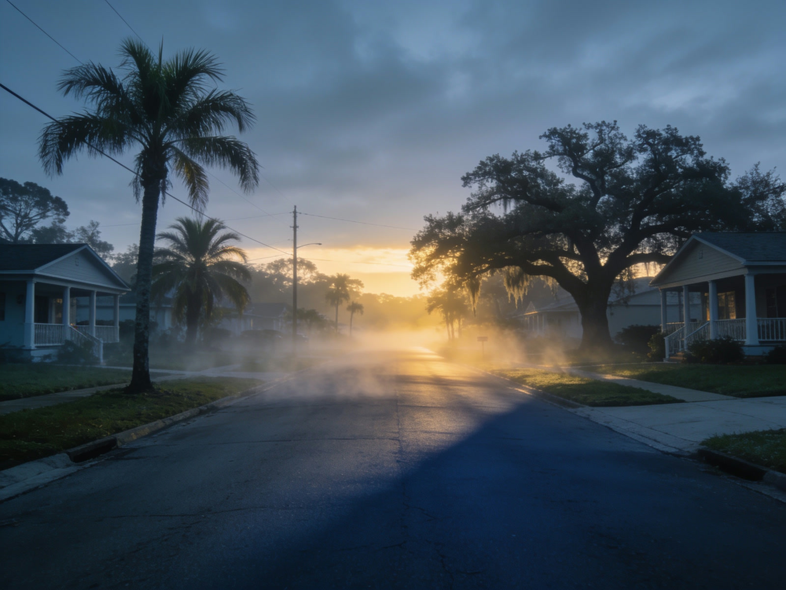 A neighborhood street in morning fog, a frame made with AI video tools