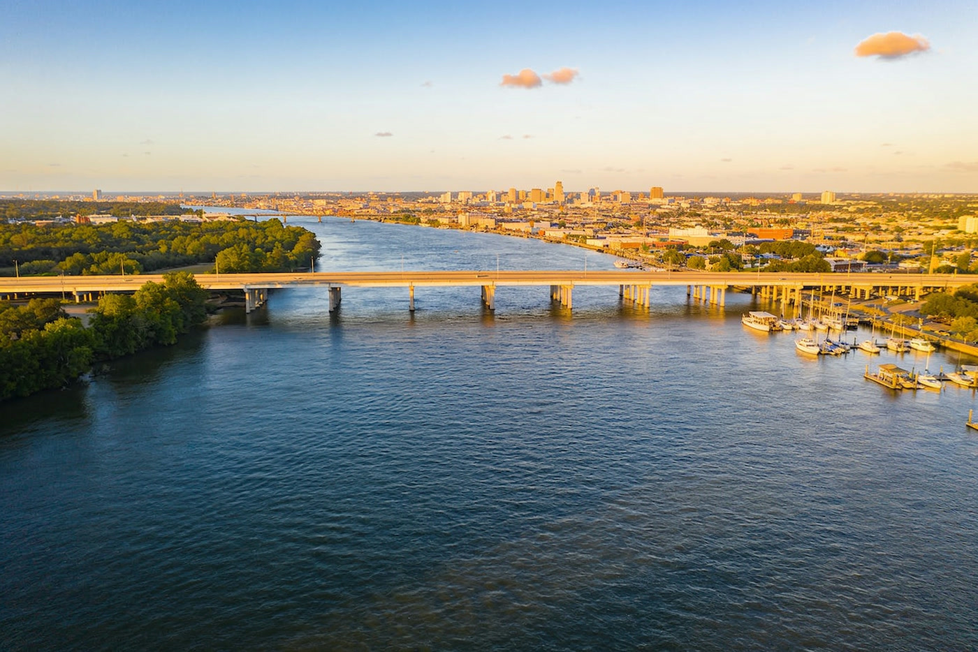 Full clear daylight over the river waterfront