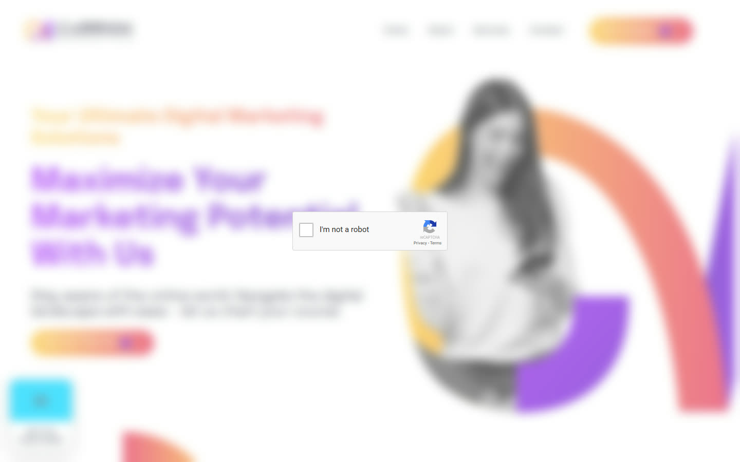 The old carrionmarketing.com homepage, blurred behind a robot check